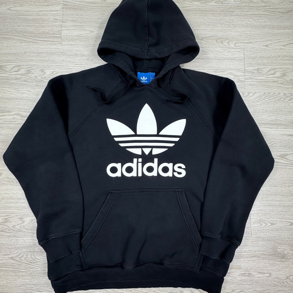 Adidas Mens Hoodie Trefoil Logo Pullover Black Large Sweatshirt Kangaroo Pocket